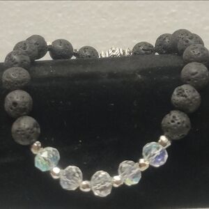 Silver, Black Lava, and Clear Crystal Bead Stretch Bracelet